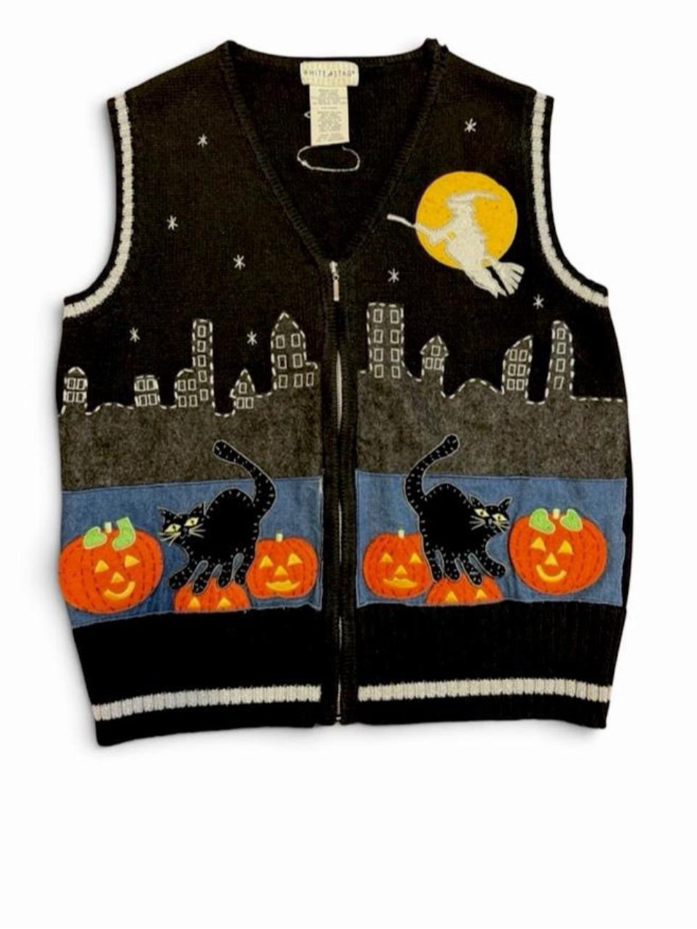 Vintage White Stag Halloween black zip sweater vest black cat pumpkins witch XL